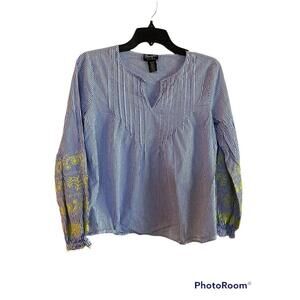 Blue Pinstripe Embroidery Notch Neck Top. embroidered. By Wrangler Sz. S